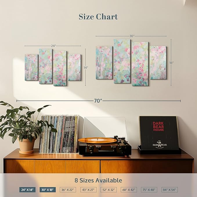 ElephantStock Dancing Sakura Tree Wall Art - Horizontal Canvas - 4-Piece Living Room Wall Decor - Painting Abstract Canvas Print - Pink and Blue Decor for Wall by Ann Marie Coolick - 24" X 14"