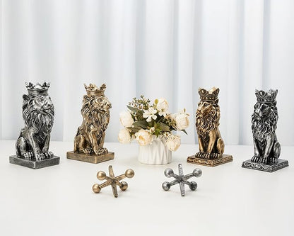 Lion Statue Decoration 9 inch Resin, Antique Silver Crown Lion Statue Man Home Office Desk Table Shelf Decoration, Men Father Leo Lion Gift