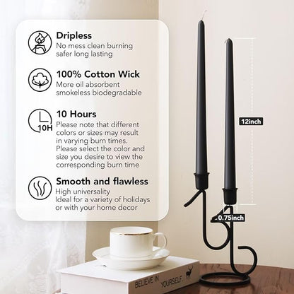 New Burning Formula Unscented Dripless 12-Inch Taper Candles Set of 12 - Black, for Wedding, Dinner - Smokeless, Long Burning - Hand Poured, Colored Tall Candlesticks - Negro