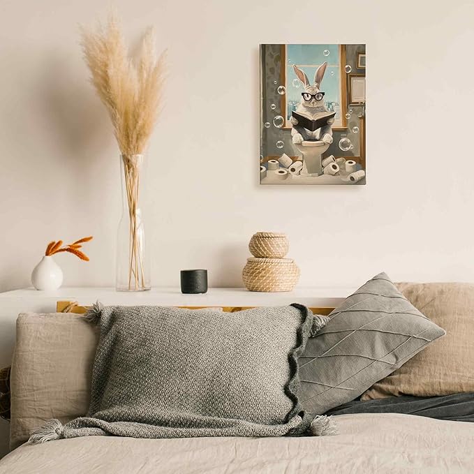 TLESKE Funny Bathroom Bunny Rabbit Wall Art Decor 11x14, Bunny Rabbit Sitting on Toilet Canvas Wall Art Print for Bathroom, Easter Bunny Wall Artwork Picture
