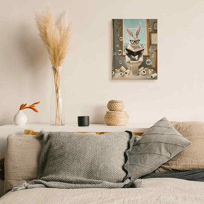 TLESKE Funny Bathroom Bunny Rabbit Wall Art Decor 11x14, Bunny Rabbit Sitting on Toilet Canvas Wall Art Print for Bathroom, Easter Bunny Wall Artwork Picture