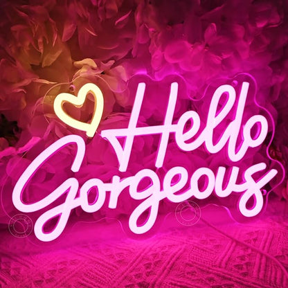 SYLHOME Hello Gorgeous Led Neon Light Sign Heart Bedroom Girls Room Wall Decor Sign Bar Beauty Studio Salon Wedding Birthday Christmas Party Decoration 11.8" X 6.8" USB