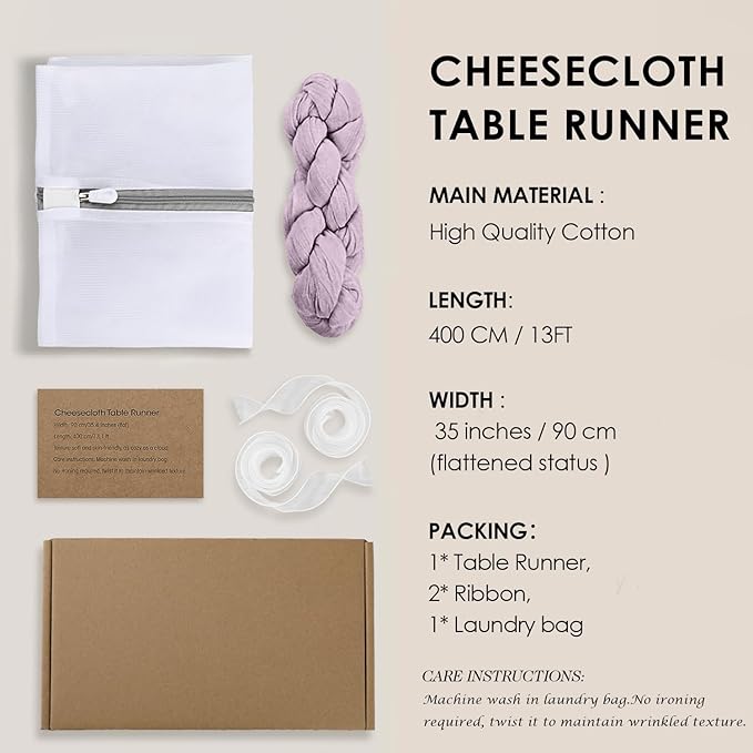Lavender Purple Cheese Cloth Table Runner Boho 13FT Cotton Gauze Cheesecloth Table Runner for Baby Shower Wedding Bridal Shower Decor Summer Table Decor