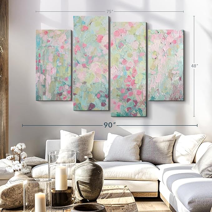 Elephant Stock Dancing Sakura Tree Wall Art - Horizontal Canvas - 4-Piece Living Room Wall Decor - Painting Abstract Canvas Print - Pink and Blue Decor for Wall by Ann Marie Coolick - 75" X 48"