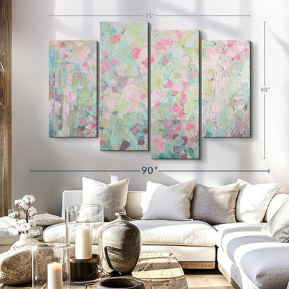 Elephant Stock Dancing Sakura Tree Wall Art - Horizontal Canvas - 4-Piece Living Room Wall Decor - Painting Abstract Canvas Print - Pink and Blue Decor for Wall by Ann Marie Coolick - 75" X 48"
