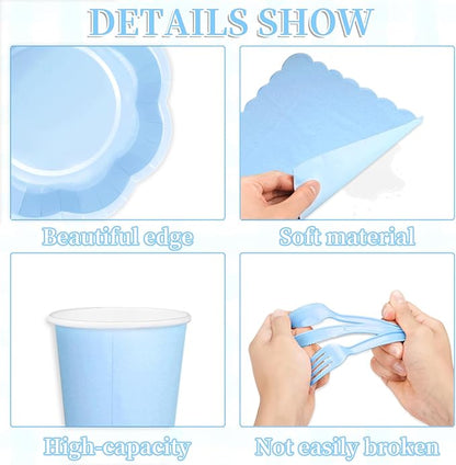 192 Pcs Light Blue Paper Plates And Napkins Set Party Supplies - For 24 Guests Paper Plates And Napkins Knives Spoons Forks Cups - For Baby Shower Bridal Shower Wedding
