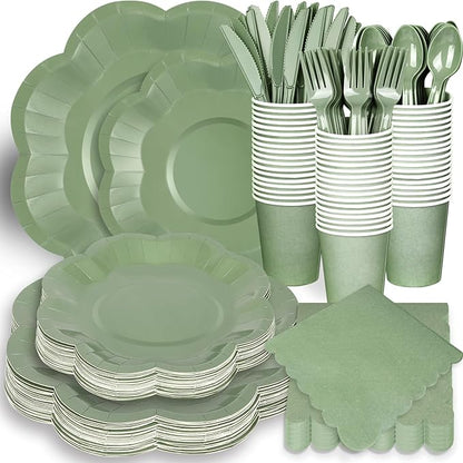 192 Pcs Sage Green Paper Plates And Napkins Set Party Supplies - For 24 Guests Paper Plates And Napkins Knives Spoons Forks Cups - For Baby Shower Bridal Shower Wedding