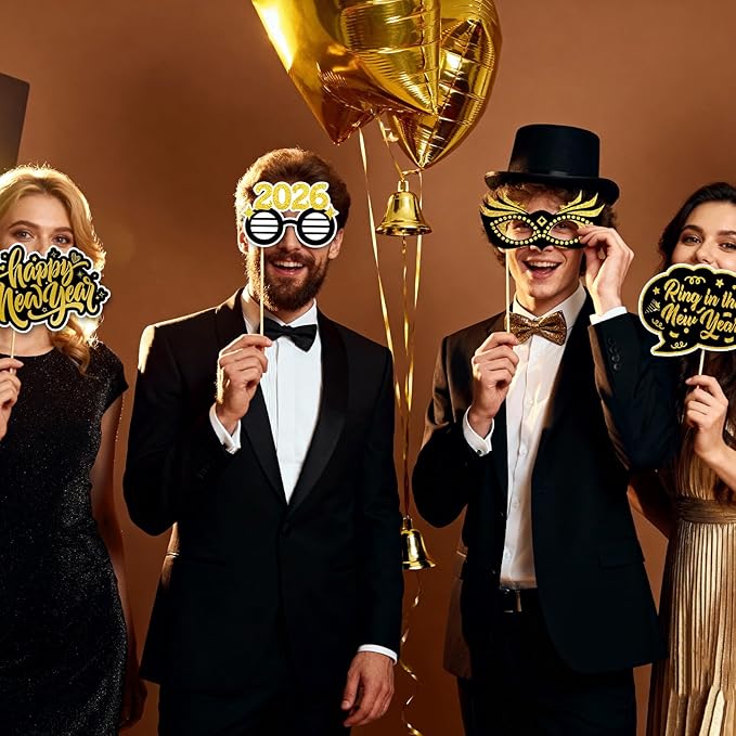 2026 Happy New Years Photo Booth Props, Black Gold New Years Eve Photo Props for 2026 New Year Eve Party Favor Supplies Decorations (24Pcs)