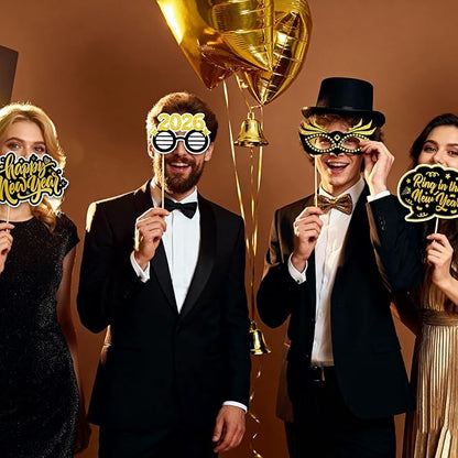 2026 Happy New Years Photo Booth Props, Black Gold New Years Eve Photo Props for 2026 New Year Eve Party Favor Supplies Decorations (24Pcs)