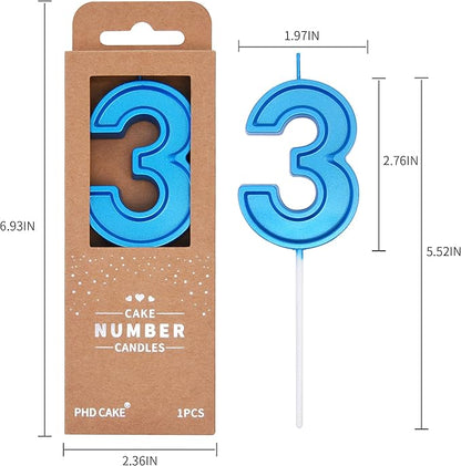 PHD CAKE 2.76 Inch Luxe Blue 3 Number Birthday Candles, Blue Number Candles, Cake Number Candles, Party Celebration