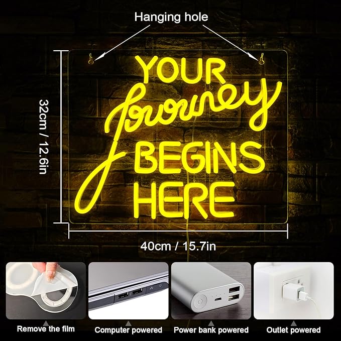 NOSUN Journey Begin Neon Sign Wedding Neon Signs for Wall Decor LED Sign Yellow Neon Light Sign Neon Lights with Dimmable Encourage for Bedroom Bar Club Apartment Home Party