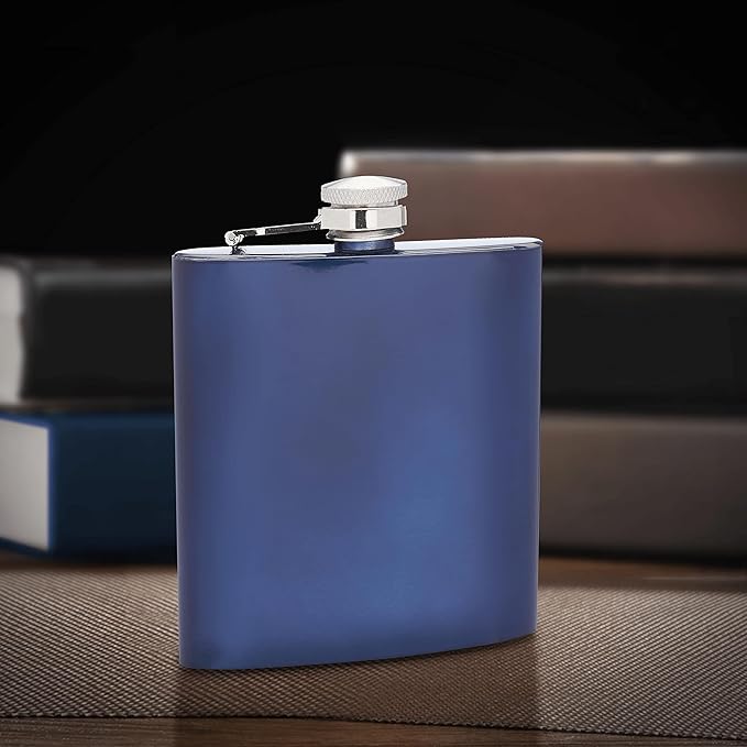 Murano Stainless Steel Hip Flasks 6 oz. Set of 10, Bulk Pack - Screw on Cap, Great for Wedding Party Gifts, Groomsmen Gifts, Outdoor Activities - Blue