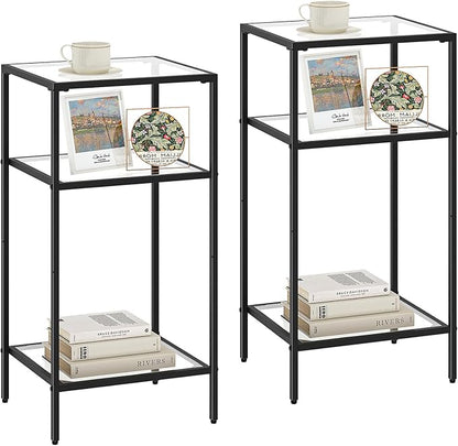 Homhedy 3-Tier Side Tables Set of 2, End Tables with Tempered Glass, Nightstands with Storage Shelves, Slim Sofa Tables for Living Room, Bedroom (2, Black)