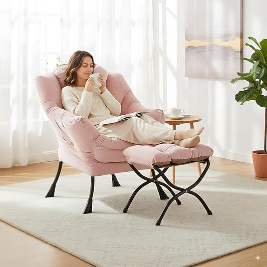 LITA Lazy Chair with Ottoman, Modern Accent Leisure Upholstered Sofa Chair, Contemporary Lounge Reading Chairs with Armrests and a Side Pocket for Living Room, Bedroom & Small Space, Pink