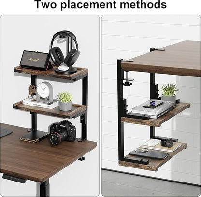 Spacrea clamp on Desk Shelf, 2 Tier Office Desk Shelves Organizer, Wood Desktop Supplies Storage Rack, Desk Organizers and Accessories (Wood)