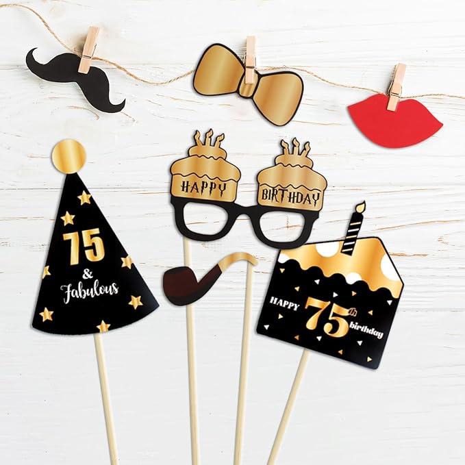 LINGTEER Happy 75th Birthday Party Photo Booth Props,Cheers to 75th Birthday 75th Years Old Bday Party Centerpieces Props Decorations Sign.