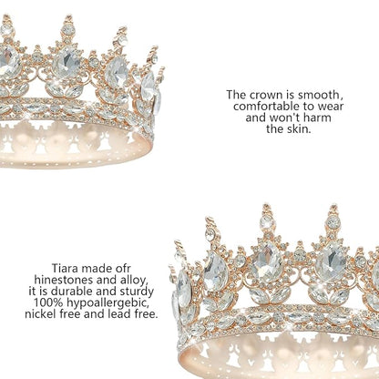 Queen Rhinestone Wedding & Bridal Crowns - Rose Gold & White Tiaras for Women - Costume Party & Princess Birthday Accessories