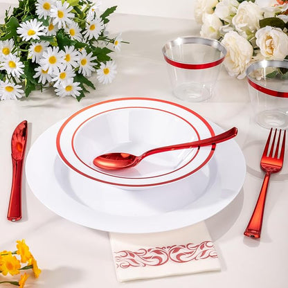 Goodluck 100 Pack Plastic Bowls with Red Rim, 12oz Disposable Soup Bowls, Heavy Duty Dessert Bowls for Weddings, Parties, Christmas Dinners, Catering, Thanksgiving and Everyday Use