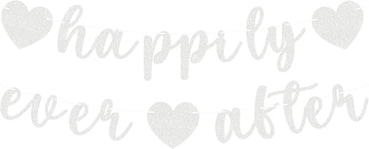 Pre-Strung Happily Ever After Banner - Silver Glitter Bachelorette Bridal Engagement Party Decoration Supplies, Bachelorette Wedding Party Banner for Engagement, Bridal Shower, Wedding Party Photo Booth Props