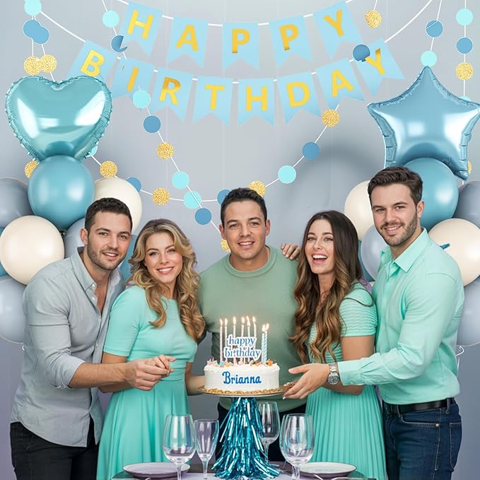 Blue Birthday Party Decorations for Boys Men Dusty Blue Sand White Balloon Set with Star Heart Foil Balloons Happy Birthday Bunting Banner Garland Navy Light Cream Beige Party Decor Kit Baby Girls