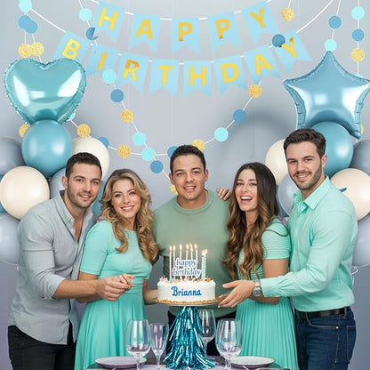 Blue Birthday Party Decorations for Boys Men Dusty Blue Sand White Balloon Set with Star Heart Foil Balloons Happy Birthday Bunting Banner Garland Navy Light Cream Beige Party Decor Kit Baby Girls