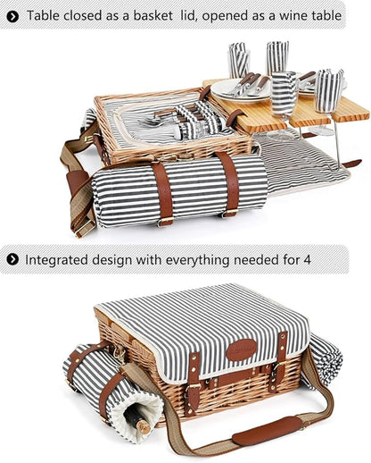 Multifunctional Wicker Picnic Basket Set for 4 with Blanket and Picnic Table, Insulated Picnic Set with Full Tablewares for Camping Outdoor Couples, Stripes