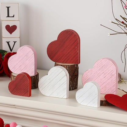 6pcs Valentines Day Decorations Red Pink White Rustic Heart Wooden Sign Valentine's Day Tiered Tray Decor Tabletop Valentines Day Centerpieces for Wedding Anniversary Home Party Supplies