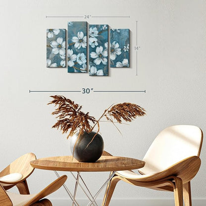 Elephant Stock Blossoms Of Evening Wall Art - Horizontal Canvas - 4-Piece Living Room Wall Decor - Blossom Painting Canvas Print - Blue and Gray Decor for Wall by Carol Robinson - 24" X 14"