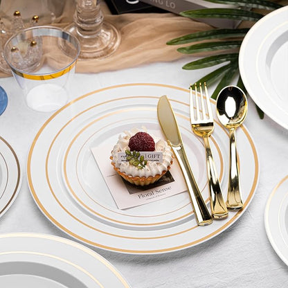 N9R 700PCS Gold Disposable Dinnerware Set for 100 Guests, White Plastic Plates with Gold Rim, Include 100 Dinner & Dessert Plates, Plastic Silverware Set, Cups, Napkins for Party and Wedding