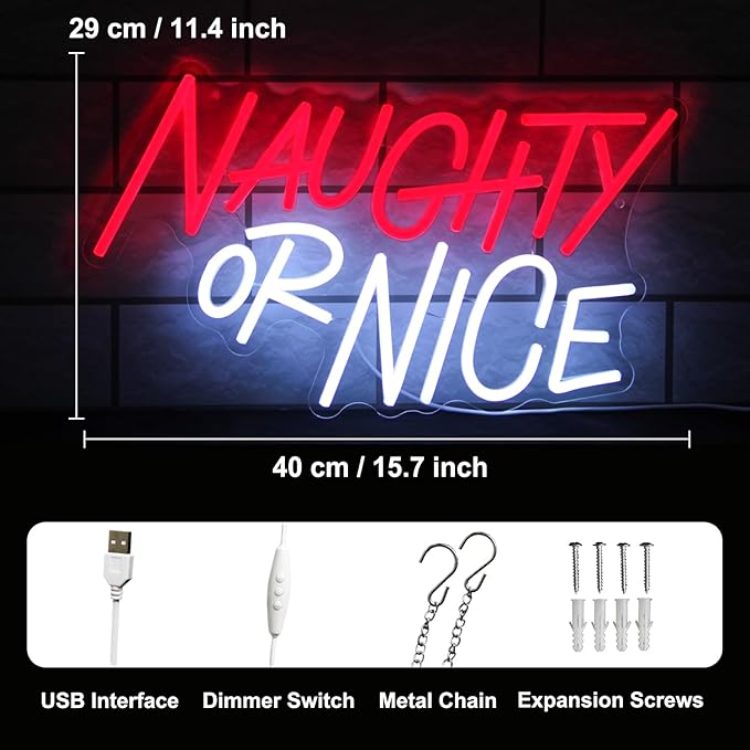 Naughty or Nice Neon Sign Christmas Room Decoration Red White Letters Neon Light Dimmable Words LED Signs for Wall Bedroom Living Room Bar Party Decor Xmas Gifts 15.7 x 11.4 inches