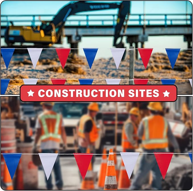 105ft Red White and Blue Pennant Banner Flag, 7"x10" Fluorescent Safety Flagging Banner Warning Flag for Construction Site/Boundary Barrier Signs, Perimeter Marking Flags on String, 45 Flags