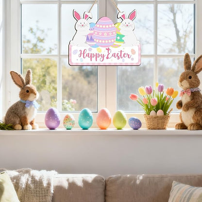 Kercan Easter Wood Decor Sign - Vintage Easter Egg Bunny Wooden Hanging Door Sign Welcome Printed Wood Wall Art Decorative Sign Hanging Rustic Farmhouse Decoration Retro Hello Spring Porch Plaques