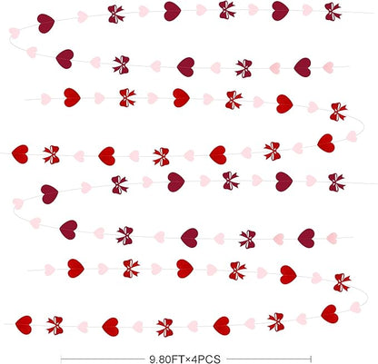Heart Bow Decorations Burgundy Red Pink Heart Bow Hanging Garland Streamer for Anniversary Birthday Valentines Bachelorette Wedding Baby Shower Bridal Shower Engagement Hen Party Decorations Supplies