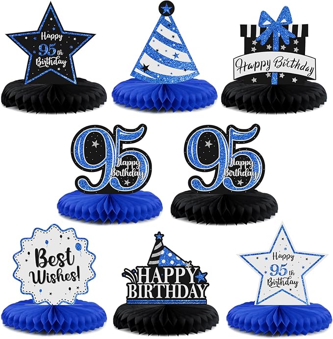 Happy 95th Birthday Decorations,95th Bday Blue Glitter Shiny Stand Honeycomb Table Centerpieces - Cheers to 95 Years Old Birthday Party Photoprop Gift Sign.