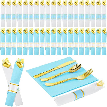 Lasnten 50 Pack Blue Pre Rolled Gold Plastic Silverware Set Disposable Wrapped Plastic Cutlery Set Include Blue and White Napkins Knives Spoons and Forks for Wedding Baby Shower Birthday Party