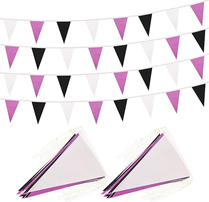 100 Ft White Purple Black Pennant Banner Flag, 60 Pcs String Hanging DIY Bunting Flags for Party, School, Birthday, Wedding, Carnival, Celebrations, Outdoor and Indoor Decorations (White Purple Black)