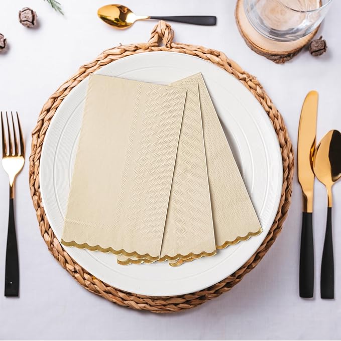 50 Beige Paper Napkins Decorative, Gold Foil Scalloped Edged Guest Napkins Disposable, Dinner Napkins for Wedding, Shower Baby, Birthday Parties Supplies(4 x 8 In, Beige)