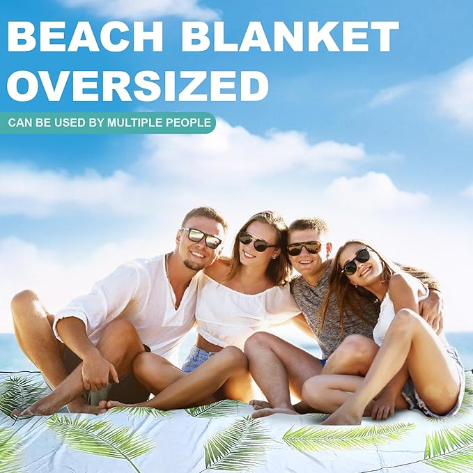 Beach Blanket waterproof sandproof beach mat 79" X 83" portable Quick Drying large essentials pincic mat for 2-4 adults have 4 Stakes & 4 Corner Pockets for camping outdoor travel(Hawai Leaves）