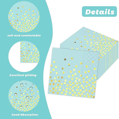 100 Pack 6.5x6.5 Inch Disposable Blue Gold Paper Napkins