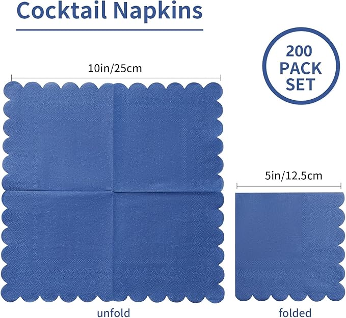 200 Pack Cocktail Napkin 2-Ply Scalloped Edged Dessert Napkins Folded 5 x 5 Inches Disposable Napkins for Dinner Wedding Birthday Party Bridal Anniversary Reception Event (Navy Blue)