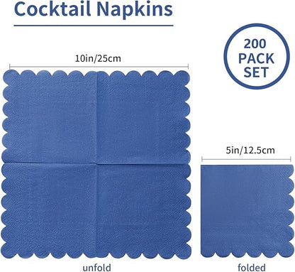 200 Pack Cocktail Napkin 2-Ply Scalloped Edged Dessert Napkins Folded 5 x 5 Inches Disposable Napkins for Dinner Wedding Birthday Party Bridal Anniversary Reception Event (Navy Blue)