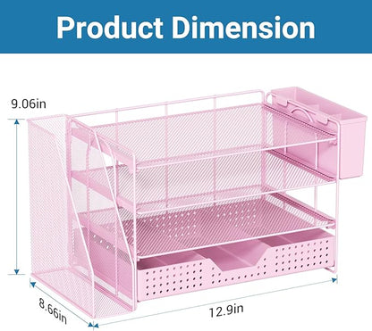 Desk Organizer, 4-Tier Paper Organizer Letter Tray with File Holder, Drawer and 2 Pen Holders, Desktop File Organizer for Office Supplies, Workspace Storage, Pink