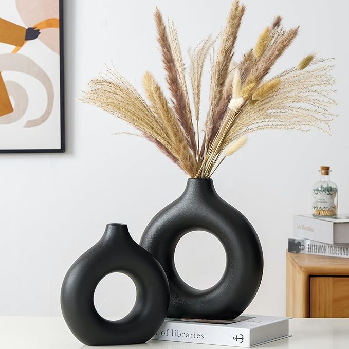 Modern Donut-Shaped Decorative Vases, Handmade Minimalist Boho ins Style, Modern Vase for Home Decor for Wedding Dinner Table Party Living Room Office Bedroom (Black, Large + Small)