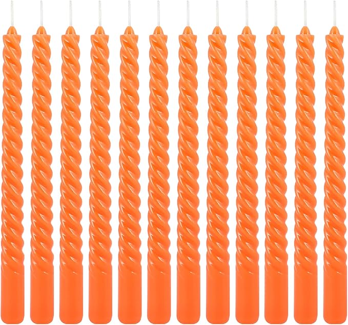 12Pack 10 Inch Orange Spiral Taper Candles，Unscented and Long Burning Dripless Twisted Candlesticks for Home Fall Decor,Halloween,Wedding, Birthday, Christmas