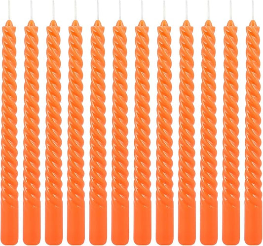12Pack 10 Inch Orange Spiral Taper Candles，Unscented and Long Burning Dripless Twisted Candlesticks for Home Fall Decor,Halloween,Wedding, Birthday, Christmas