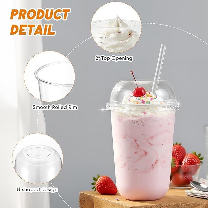 50 Set Clear Plastic Cups with Wide Dome Lids Dessert Cups with Large Hole Dome Lids Disposable Party Drink Mugs for Smoothies Iced Coffee Bubble Tea Slushies Parfaits, and More(16oz)