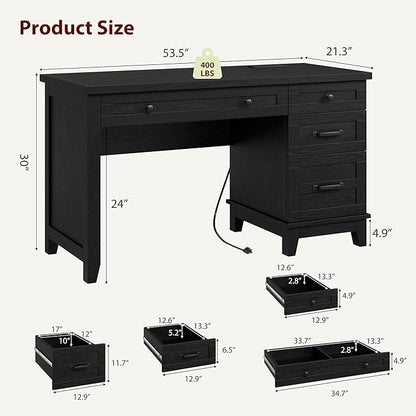 GarveeHome Farmhouse Executive Desk with Drawers, 53.54 in Home Office Desk with Charging Station, Wooden Computer Desk with File Cabinet Storage for Work Study Writing, Rustic Black