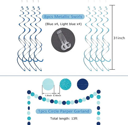 Blue Birthday Decorations with Happy Birthday Banner, Paper Honeycomb Balls, Circle Garland and Hanging Swirl Decorations, Birthday Party Decorations