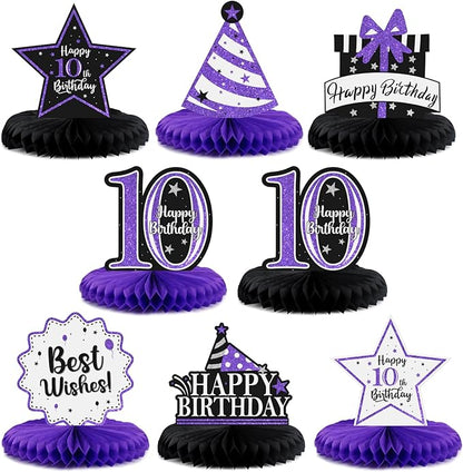 Happy 10th Birthday Decorations,10th Birthday Purple Glitter Shiny Stand Honeycomb Table Centerpieces - Cheers to Ten Years Old Birthday Party Photoprop Gift Sign.