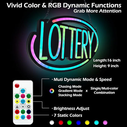 LOTTERY LED Neon Sign for Business,16x9 inch LOTTO Smoke Shop Sign RGB Bright Led for Window Wall Door Convenience Grocery Store Gas Stations